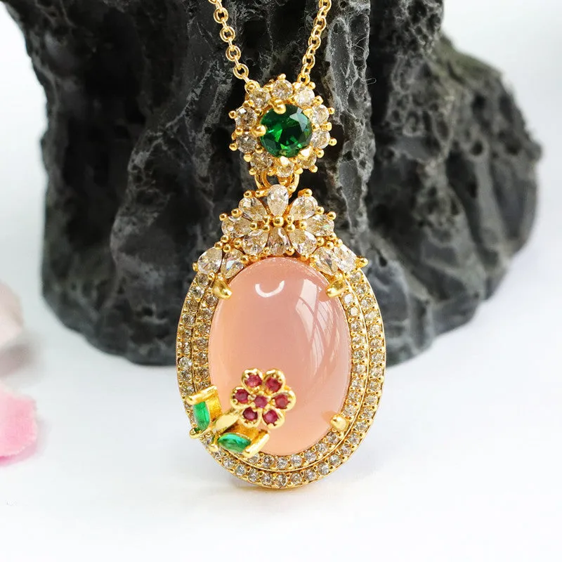 Chalcedony Flower Pendant Necklace with Zircon Accents