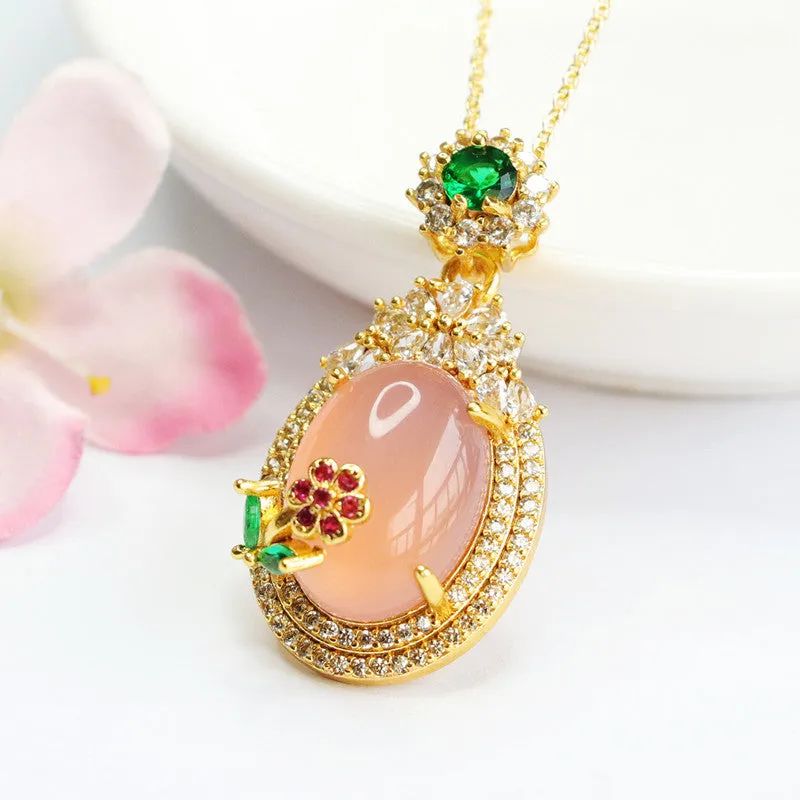 Chalcedony Flower Pendant Necklace with Zircon Accents