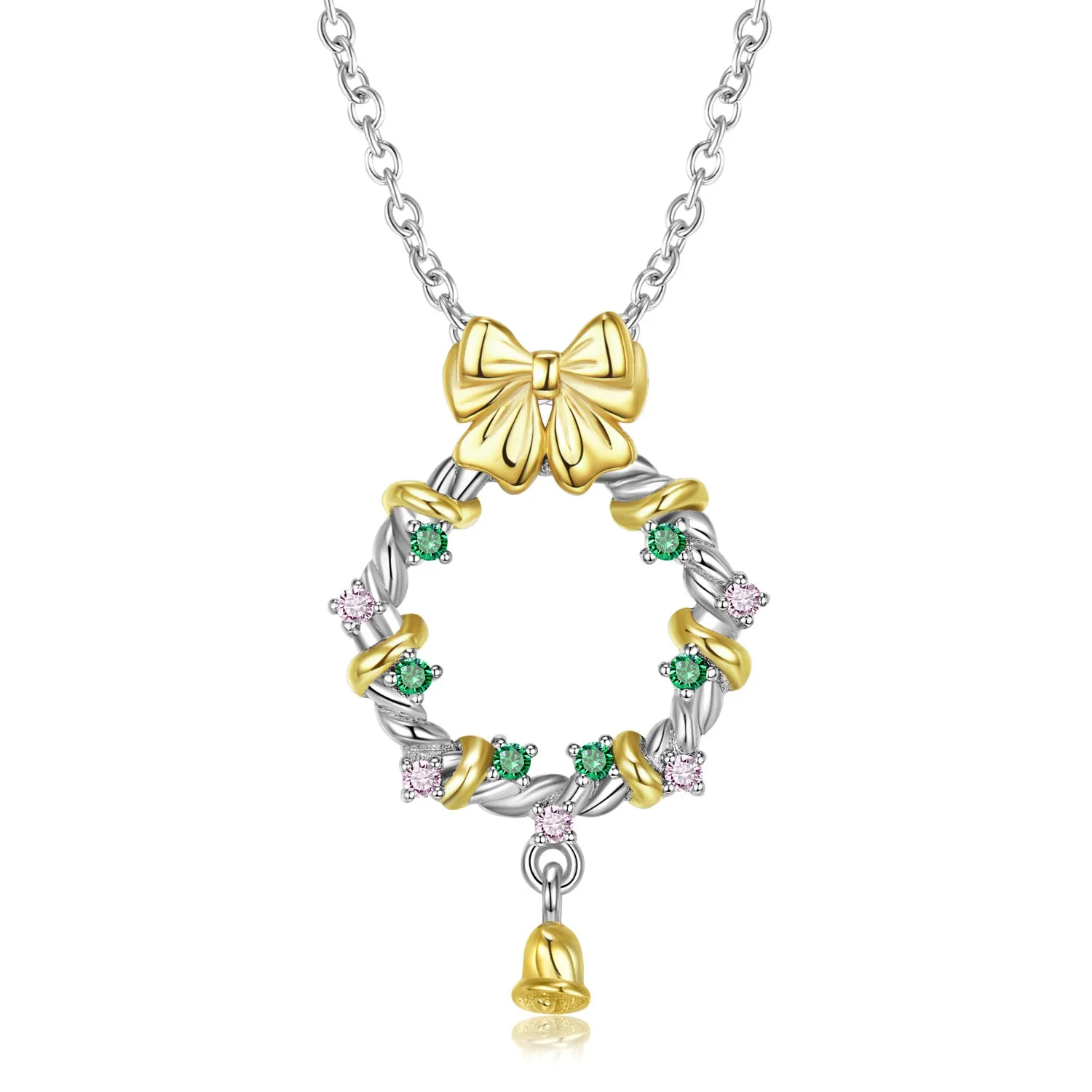 Christmas Bell Wreath Zircon Silver Necklace