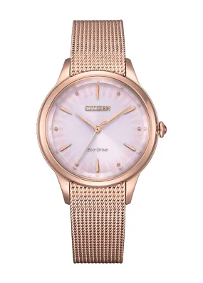 CITIZEN LADIES ECO-DRIVE PINK DIAL STAINLES MESH BRACELET EM0819-80X