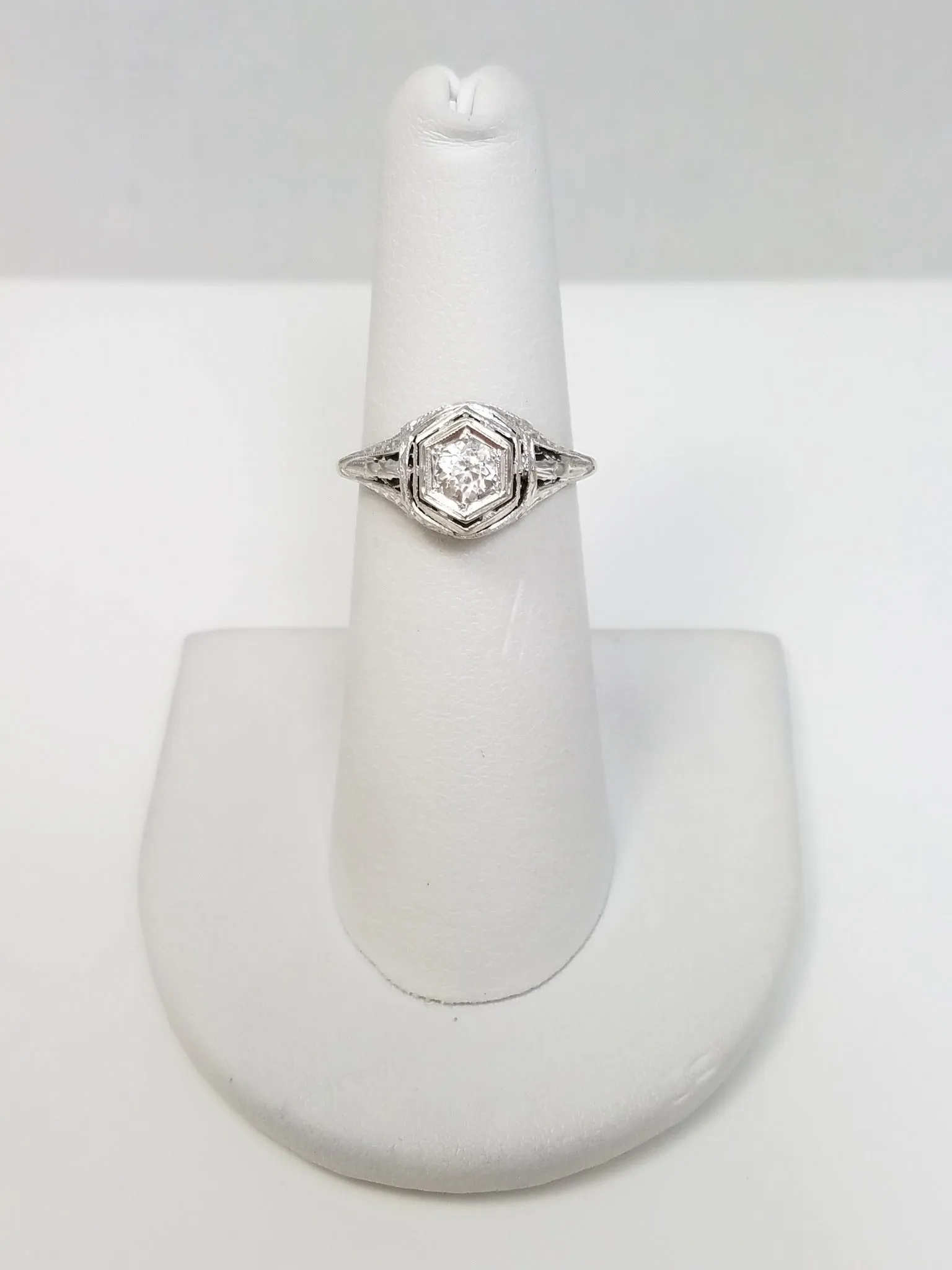 Classic Early 1900's Edwardian 18k White Gold European Cut Glass Engagement Ring