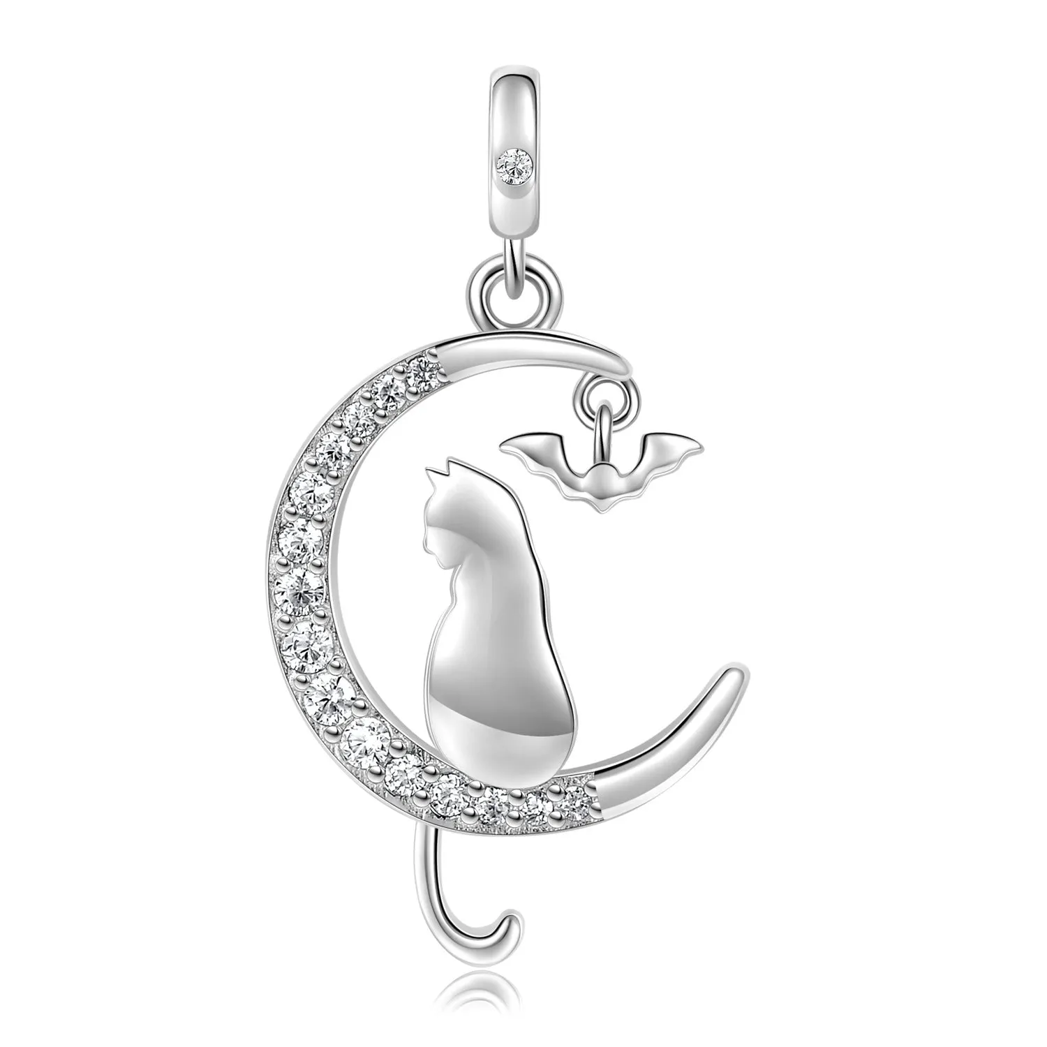 Crescent Moon with Cat and Bat Zircon Silver Necklace