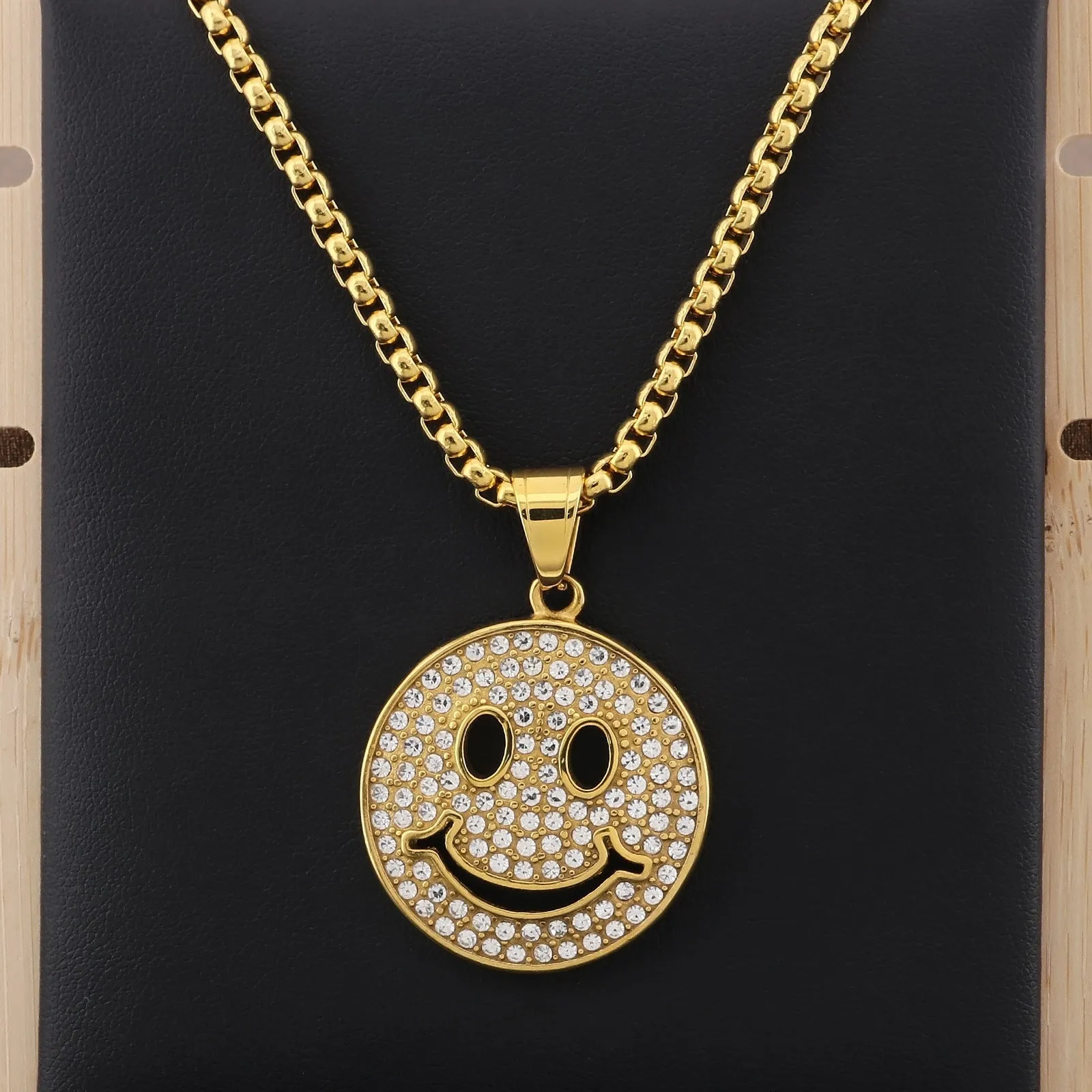 Cross-Border Hiphop Zircon Smiley Face Pendant for Men and Women in Stainless Steel