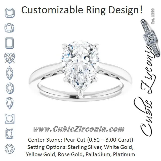 Cubic Zirconia Engagement Ring- The Abbey Ro (Customizable Pear Cut Solitaire with 'Incomplete' Decorations)