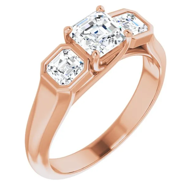 Cubic Zirconia Engagement Ring- The Alana Marie (Customizable 3-stone Cathedral Asscher Cut Design with Twin Asscher Cut Side Stones)