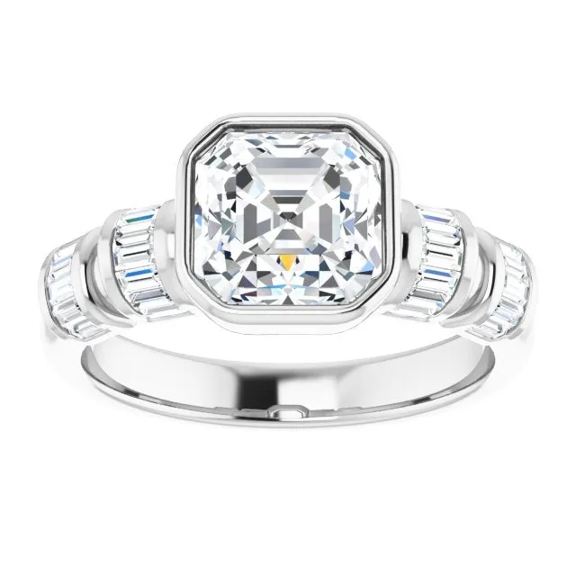 Cubic Zirconia Engagement Ring- The Astrid (Customizable Bezel-set Asscher Cut Design with Quad Horizontal Band Sleeves of Baguette Accents)
