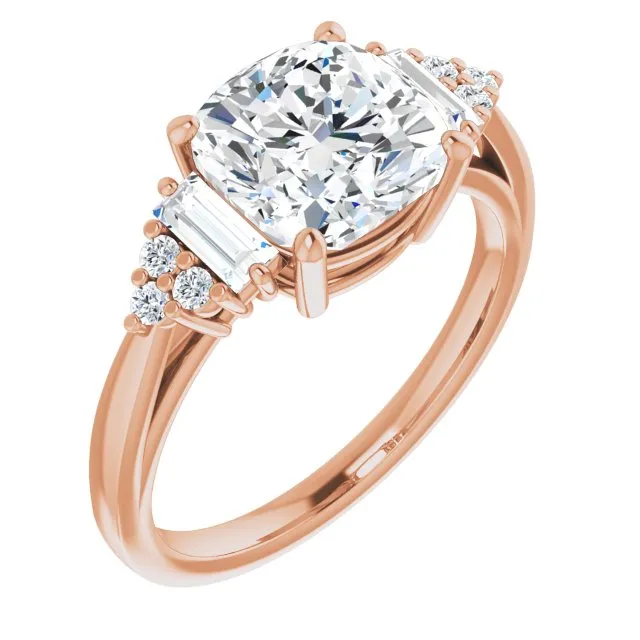 Cubic Zirconia Engagement Ring- The Barb (Customizable 9-stone Design with Cushion Cut Center, Side Baguettes and Tri-Cluster Round Accents)