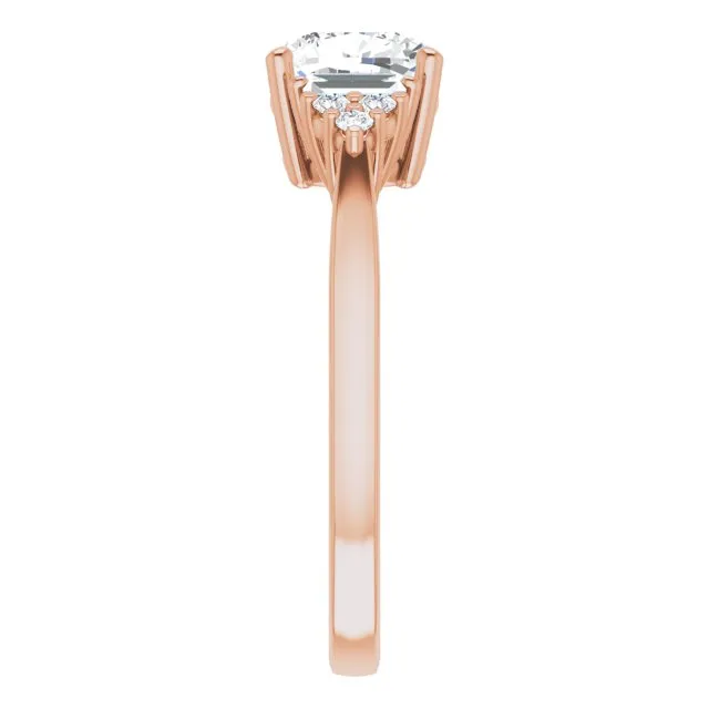 Cubic Zirconia Engagement Ring- The Barb (Customizable 9-stone Design with Cushion Cut Center, Side Baguettes and Tri-Cluster Round Accents)