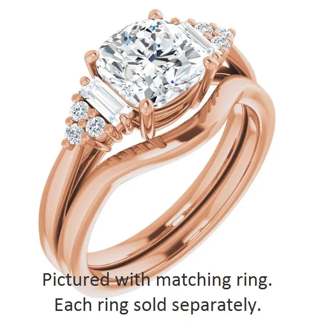 Cubic Zirconia Engagement Ring- The Barb (Customizable 9-stone Design with Cushion Cut Center, Side Baguettes and Tri-Cluster Round Accents)