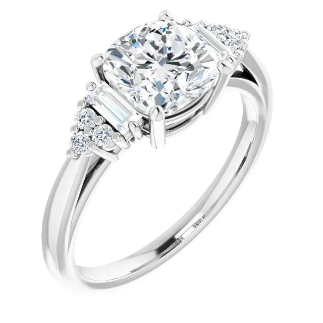 Cubic Zirconia Engagement Ring- The Barb (Customizable 9-stone Design with Cushion Cut Center, Side Baguettes and Tri-Cluster Round Accents)