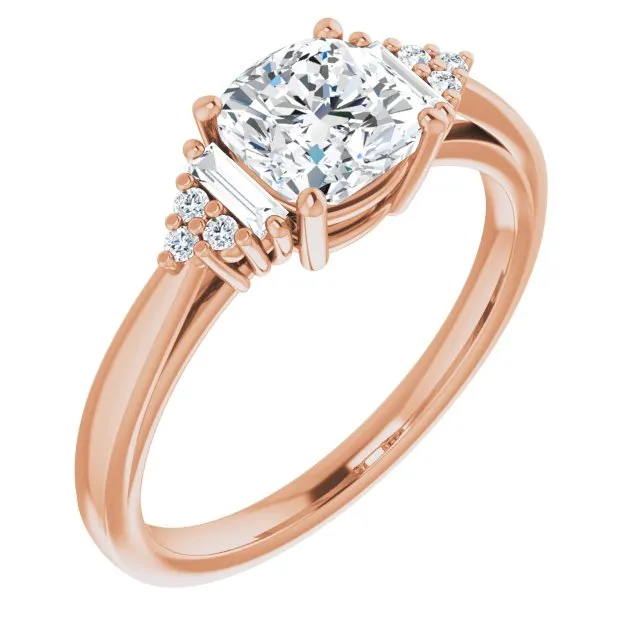 Cubic Zirconia Engagement Ring- The Barb (Customizable 9-stone Design with Cushion Cut Center, Side Baguettes and Tri-Cluster Round Accents)