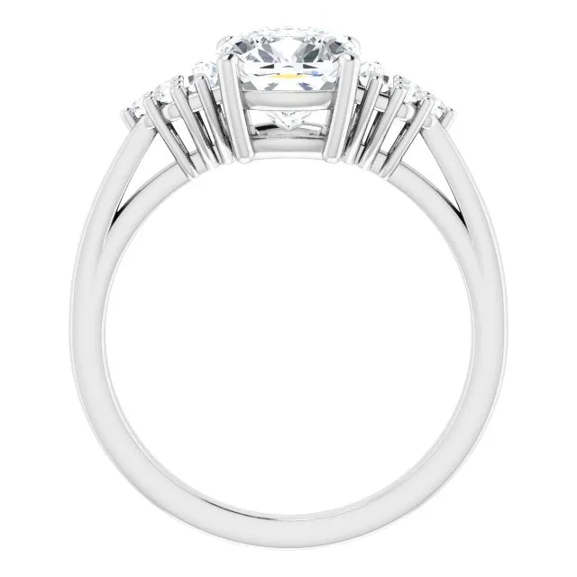 Cubic Zirconia Engagement Ring- The Barb (Customizable 9-stone Design with Cushion Cut Center, Side Baguettes and Tri-Cluster Round Accents)