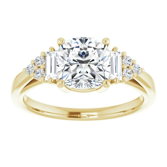 Cubic Zirconia Engagement Ring- The Barb (Customizable 9-stone Design with Cushion Cut Center, Side Baguettes and Tri-Cluster Round Accents)