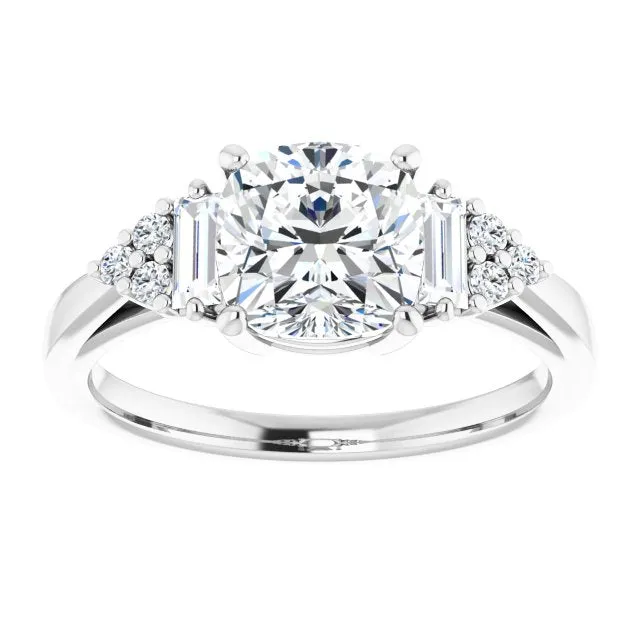 Cubic Zirconia Engagement Ring- The Barb (Customizable 9-stone Design with Cushion Cut Center, Side Baguettes and Tri-Cluster Round Accents)