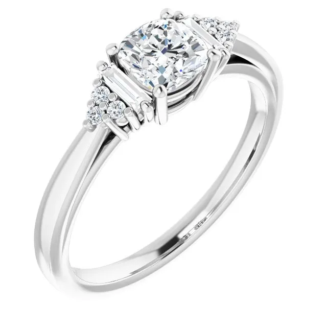 Cubic Zirconia Engagement Ring- The Barb (Customizable 9-stone Design with Cushion Cut Center, Side Baguettes and Tri-Cluster Round Accents)