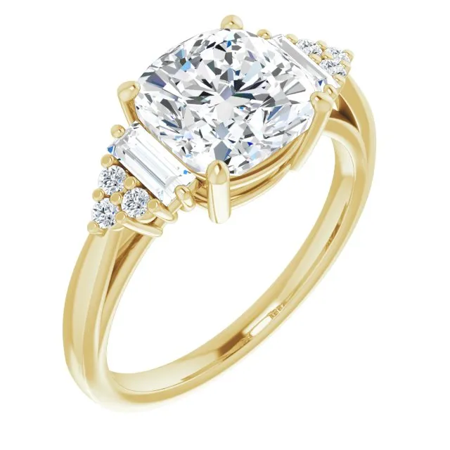 Cubic Zirconia Engagement Ring- The Barb (Customizable 9-stone Design with Cushion Cut Center, Side Baguettes and Tri-Cluster Round Accents)