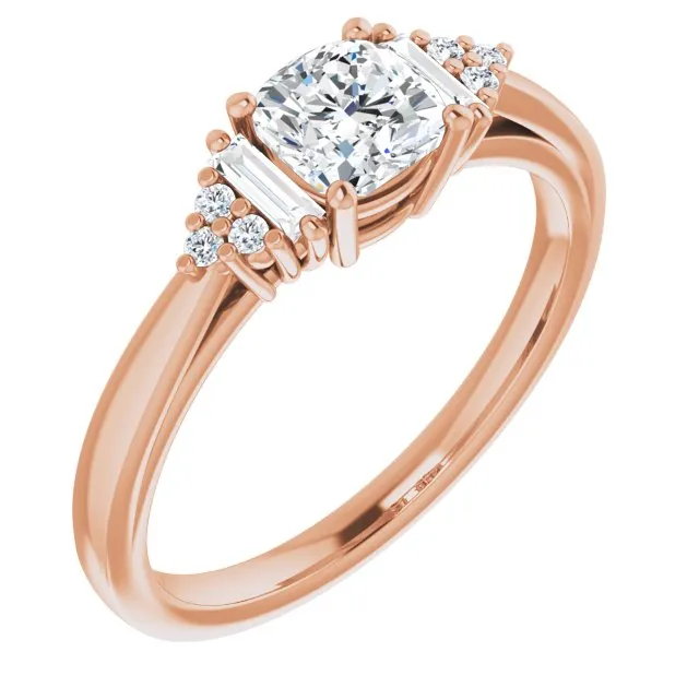 Cubic Zirconia Engagement Ring- The Barb (Customizable 9-stone Design with Cushion Cut Center, Side Baguettes and Tri-Cluster Round Accents)