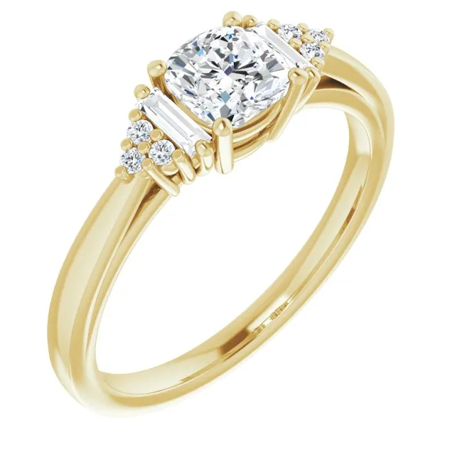 Cubic Zirconia Engagement Ring- The Barb (Customizable 9-stone Design with Cushion Cut Center, Side Baguettes and Tri-Cluster Round Accents)