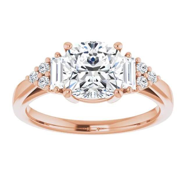 Cubic Zirconia Engagement Ring- The Barb (Customizable 9-stone Design with Cushion Cut Center, Side Baguettes and Tri-Cluster Round Accents)