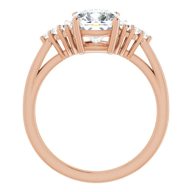 Cubic Zirconia Engagement Ring- The Barb (Customizable 9-stone Design with Cushion Cut Center, Side Baguettes and Tri-Cluster Round Accents)