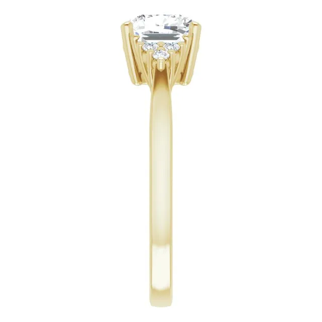 Cubic Zirconia Engagement Ring- The Barb (Customizable 9-stone Design with Cushion Cut Center, Side Baguettes and Tri-Cluster Round Accents)