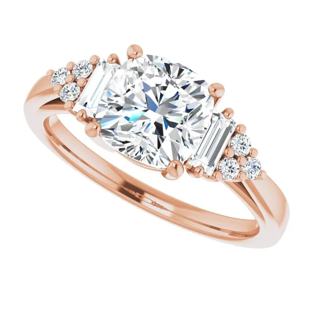 Cubic Zirconia Engagement Ring- The Barb (Customizable 9-stone Design with Cushion Cut Center, Side Baguettes and Tri-Cluster Round Accents)