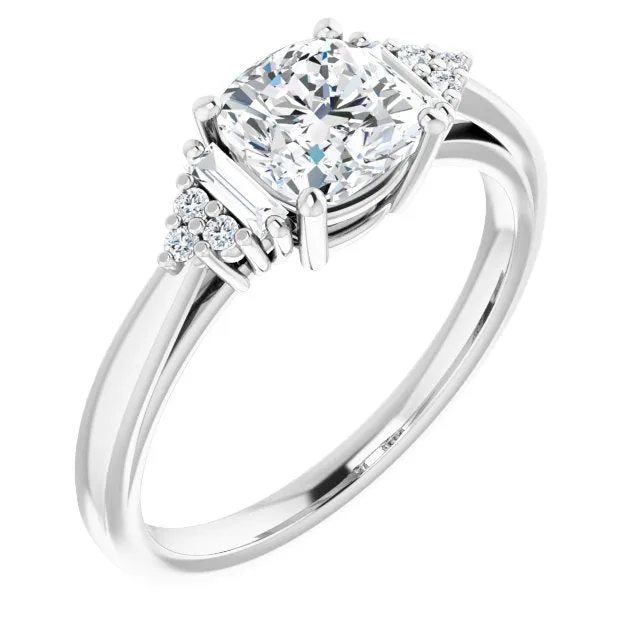 Cubic Zirconia Engagement Ring- The Barb (Customizable 9-stone Design with Cushion Cut Center, Side Baguettes and Tri-Cluster Round Accents)