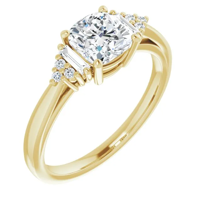 Cubic Zirconia Engagement Ring- The Barb (Customizable 9-stone Design with Cushion Cut Center, Side Baguettes and Tri-Cluster Round Accents)
