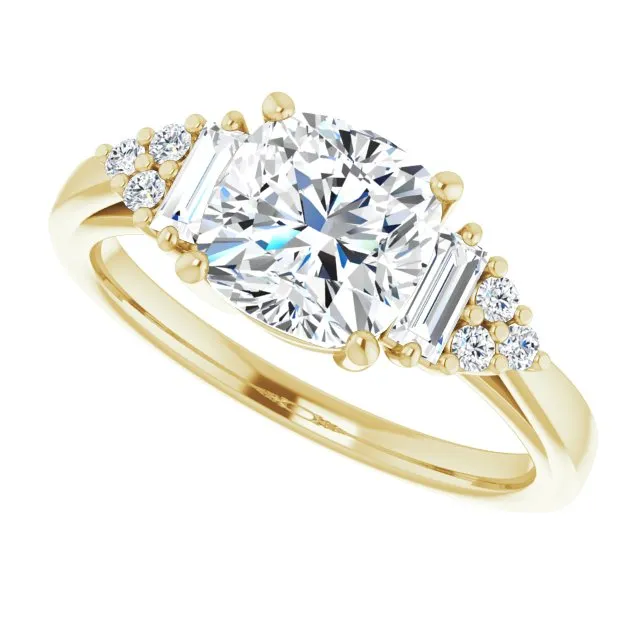 Cubic Zirconia Engagement Ring- The Barb (Customizable 9-stone Design with Cushion Cut Center, Side Baguettes and Tri-Cluster Round Accents)
