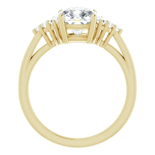 Cubic Zirconia Engagement Ring- The Barb (Customizable 9-stone Design with Cushion Cut Center, Side Baguettes and Tri-Cluster Round Accents)