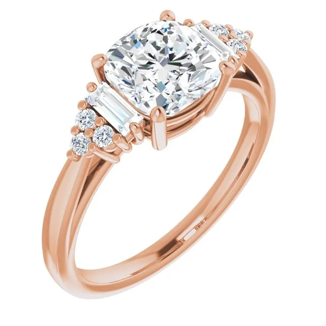 Cubic Zirconia Engagement Ring- The Barb (Customizable 9-stone Design with Cushion Cut Center, Side Baguettes and Tri-Cluster Round Accents)