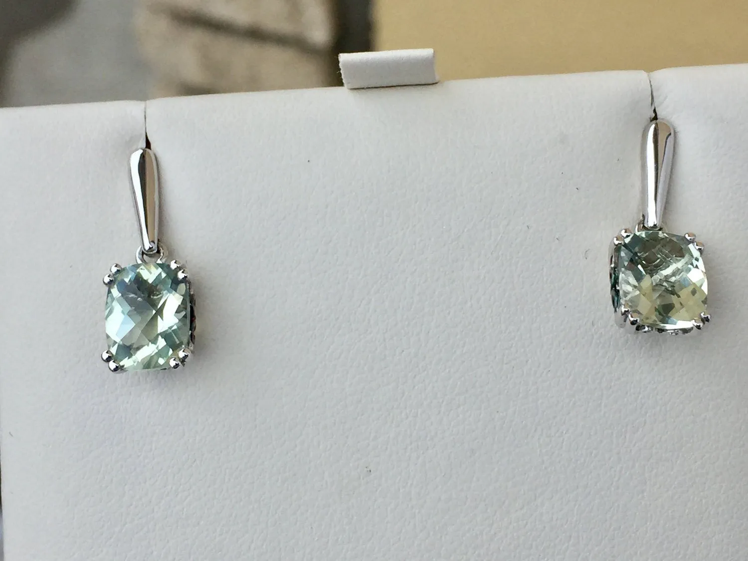 Cushion Cut Lab Created Green Amethyst Silver & 18 K Gold Dangle Earrings