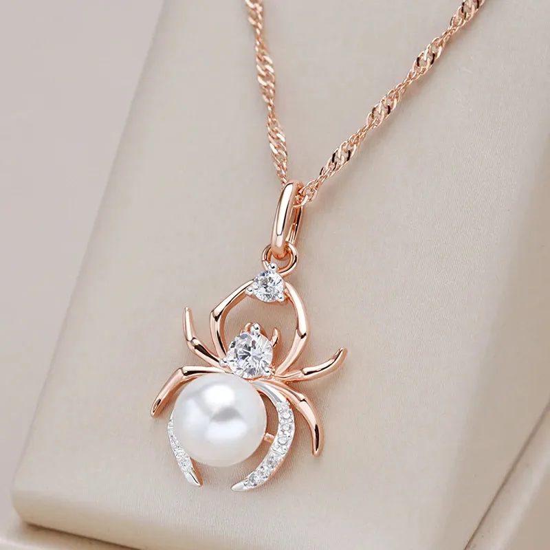 Dazzling Punk Spider Pearl Pendant Necklace in 585 Rose Gold & Silver – Perfect for Parties & Everyday Glamour!
