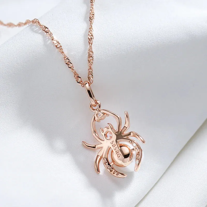 Dazzling Punk Spider Pearl Pendant Necklace in 585 Rose Gold & Silver – Perfect for Parties & Everyday Glamour!