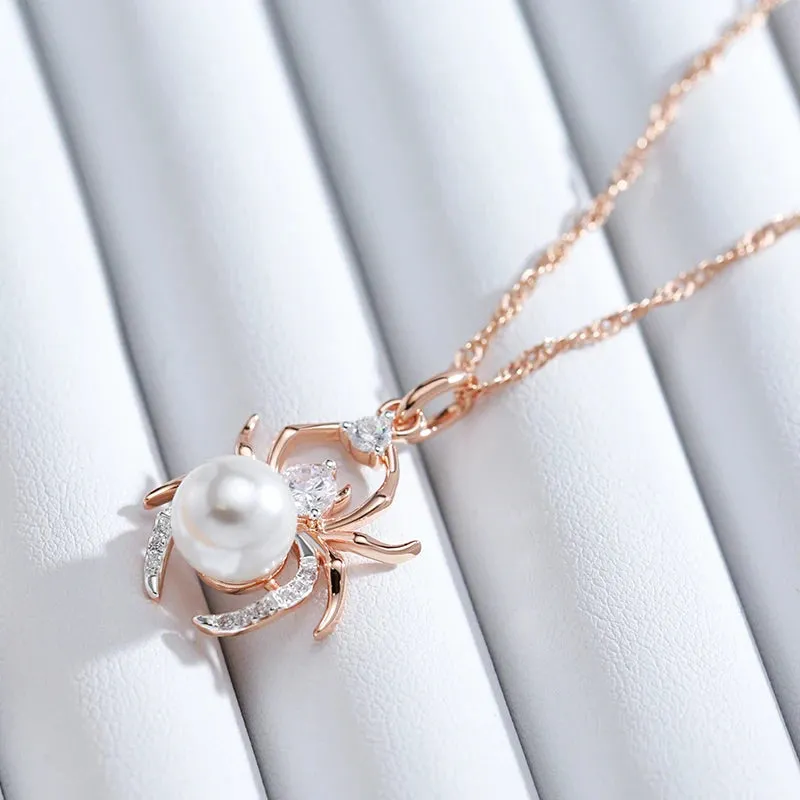 Dazzling Punk Spider Pearl Pendant Necklace in 585 Rose Gold & Silver – Perfect for Parties & Everyday Glamour!