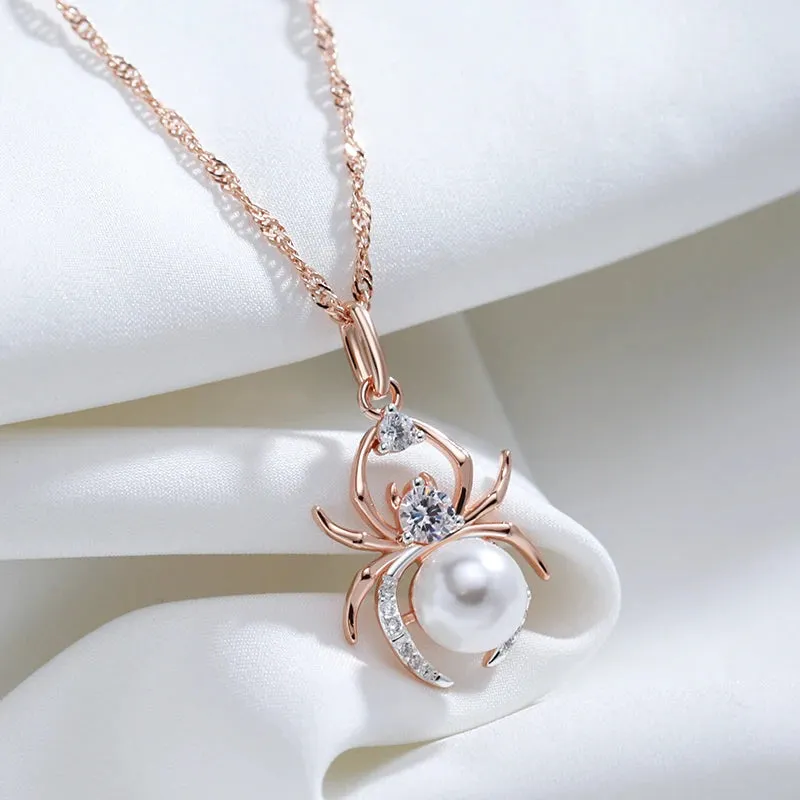 Dazzling Punk Spider Pearl Pendant Necklace in 585 Rose Gold & Silver – Perfect for Parties & Everyday Glamour!