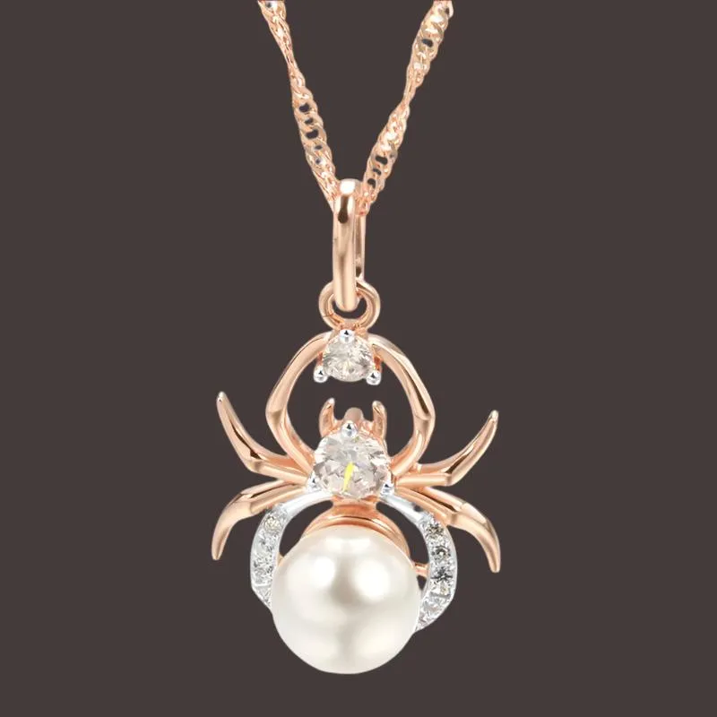 Dazzling Punk Spider Pearl Pendant Necklace in 585 Rose Gold & Silver – Perfect for Parties & Everyday Glamour!