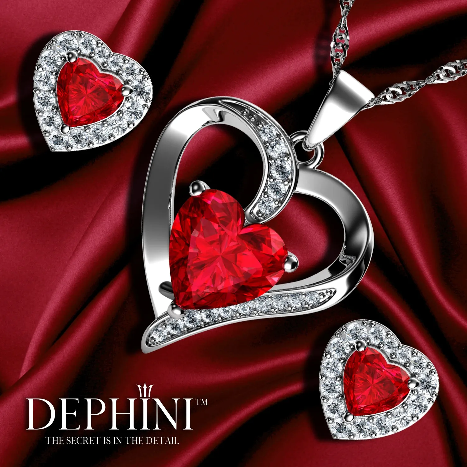 DEPHINI Red Jewellery SET Heart Necklace & Heart Earrings Silver