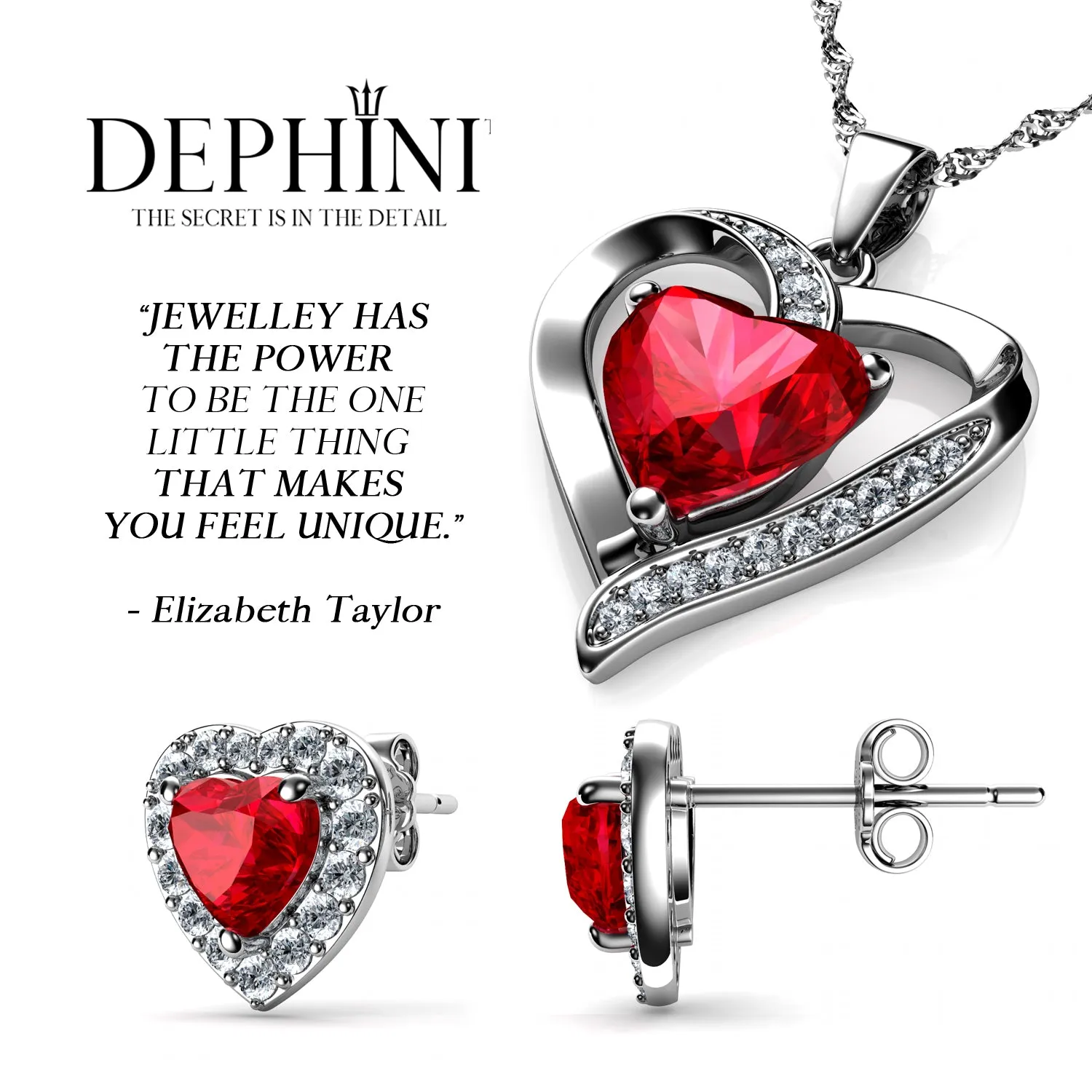 DEPHINI Red Jewellery SET Heart Necklace & Heart Earrings Silver