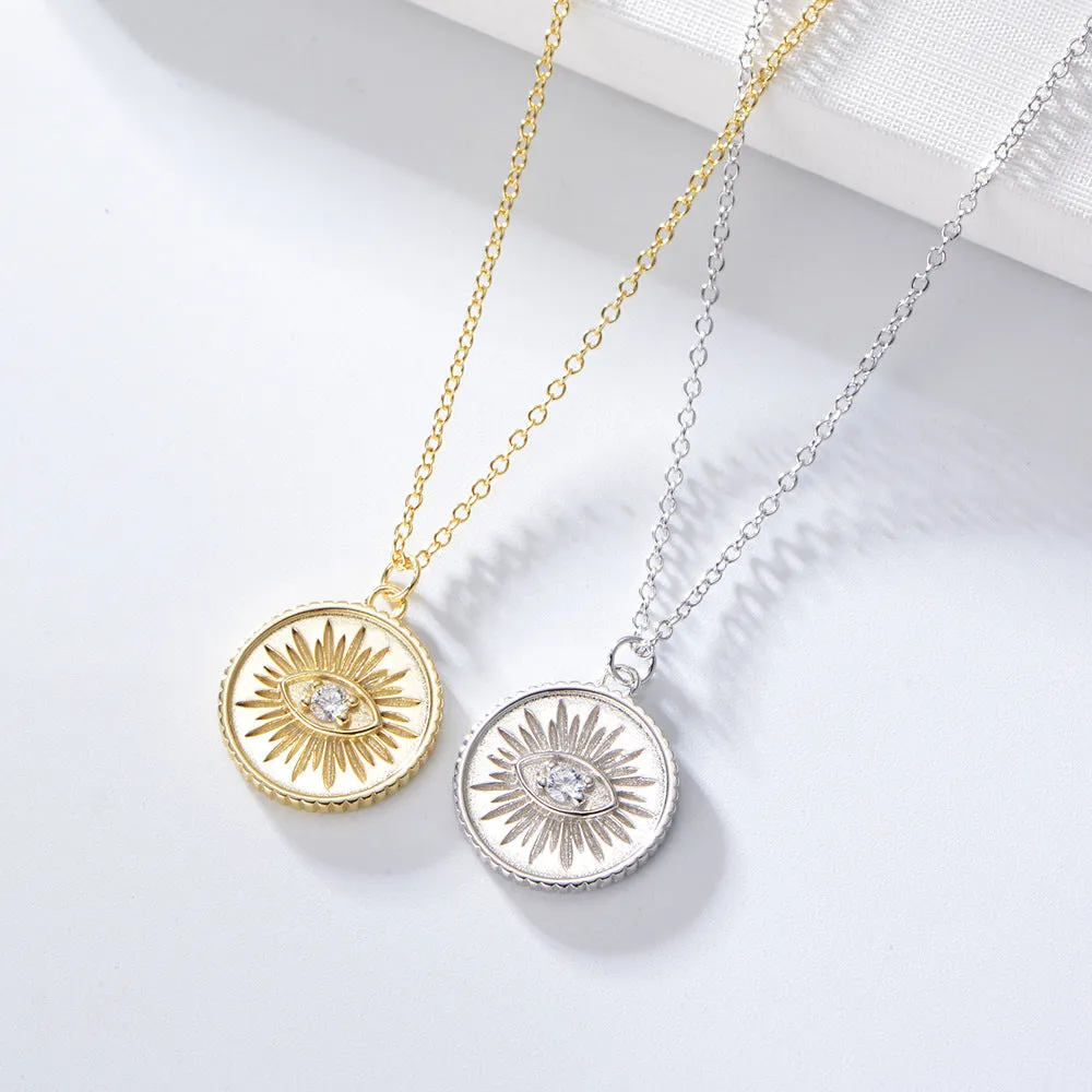 Devil's Eye Zircon Circle Pendant Sterling Silver Necklace for Women