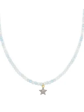 Diamond star and aquamarine bead necklace