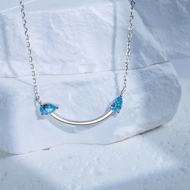 Double Blue Pear Shape Zircon Smiling Temperament Pendant Sterling Silver Necklace