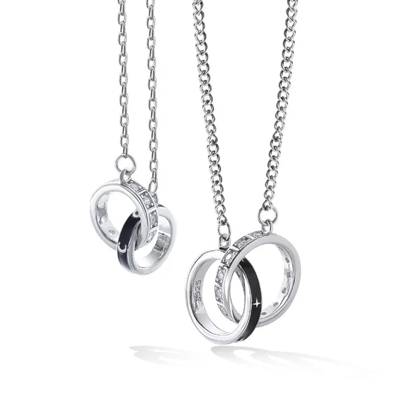 Double Circle Buckle Black Star Moon and Zircon Silver Couple Necklace for Women