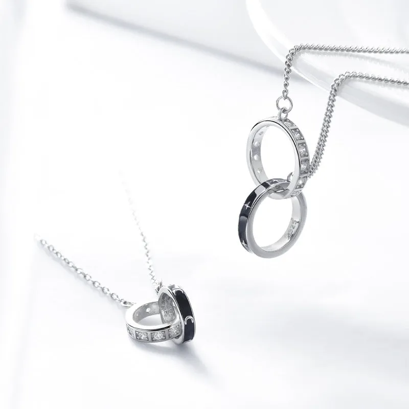 Double Circle Buckle Black Star Moon and Zircon Silver Couple Necklace for Women