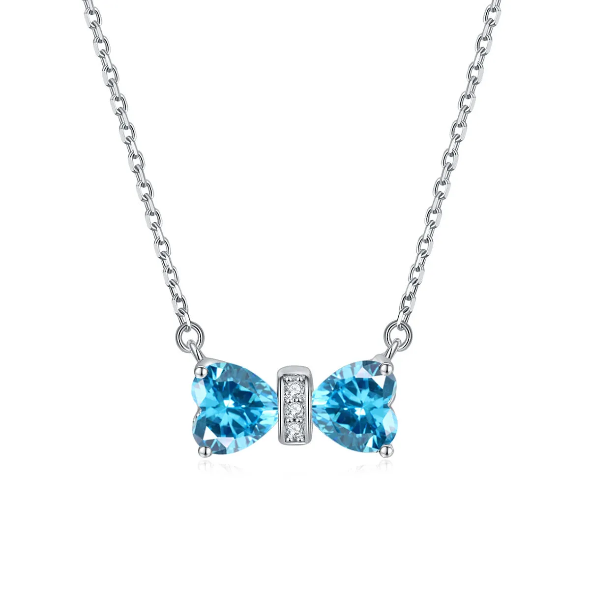 Double Heart Zircon Bow Pendant Silver Necklace for Women