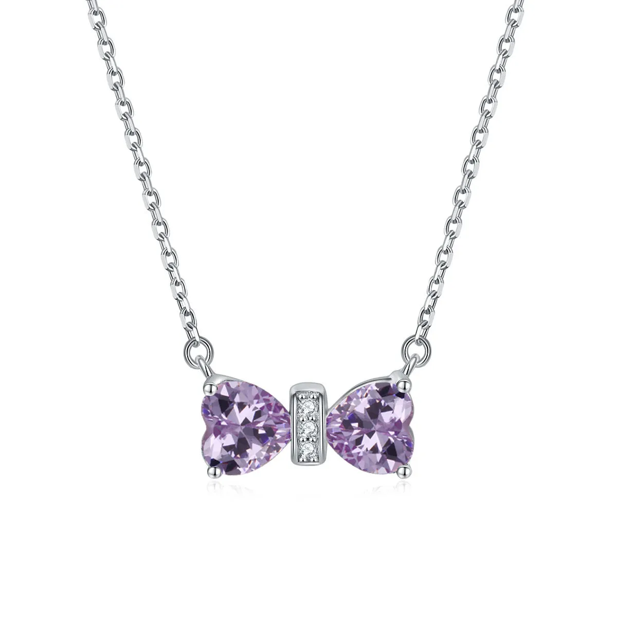 Double Heart Zircon Bow Pendant Silver Necklace for Women