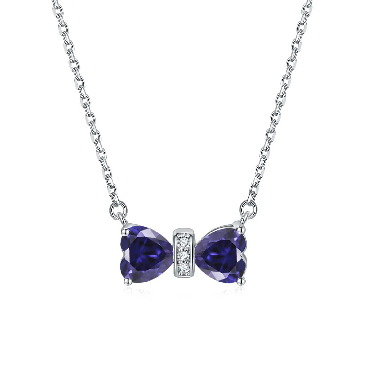 Double Heart Zircon Bow Pendant Silver Necklace for Women