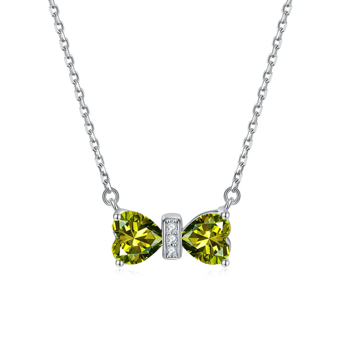 Double Heart Zircon Bow Pendant Silver Necklace for Women