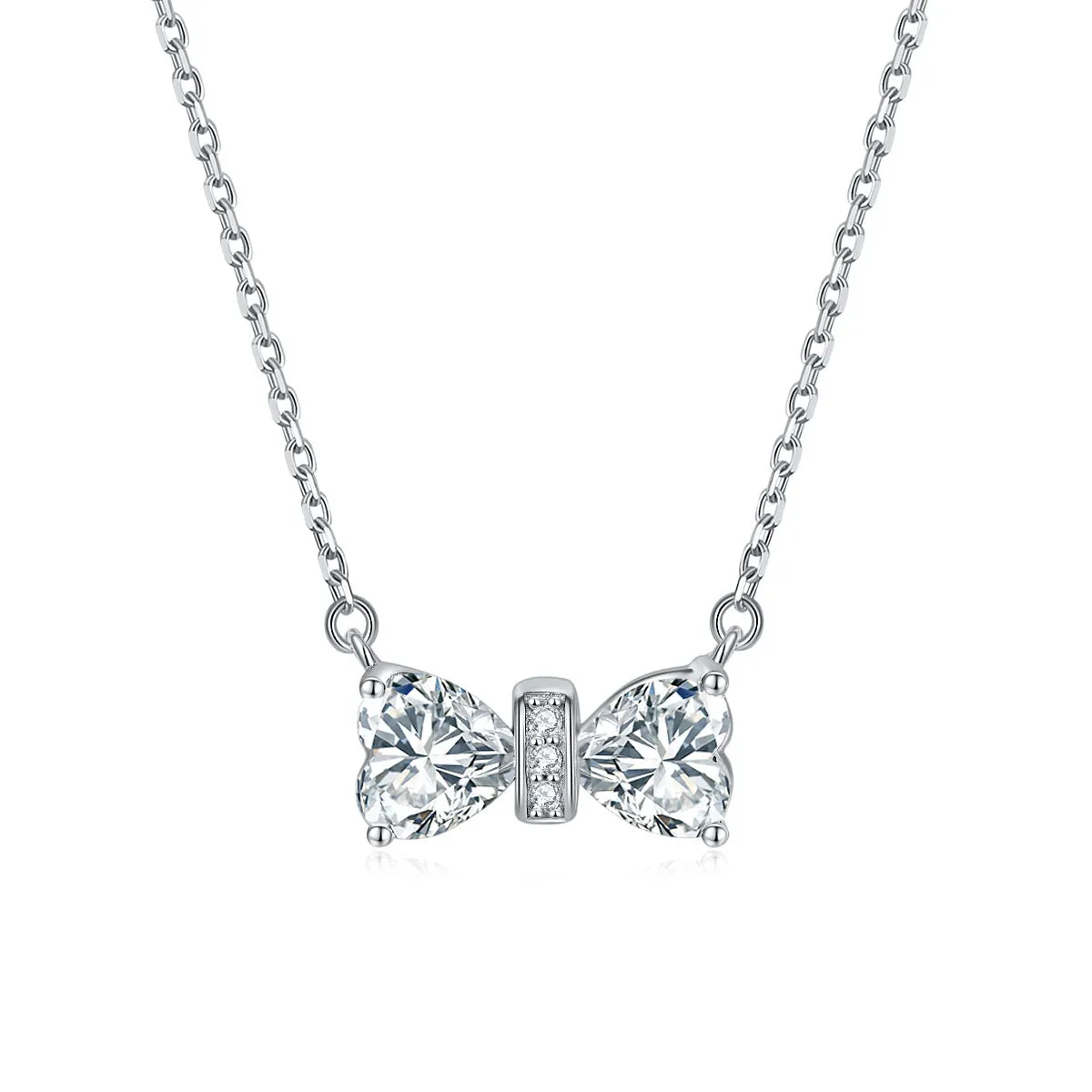 Double Heart Zircon Bow Pendant Silver Necklace for Women