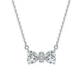 Double Heart Zircon Bow Pendant Silver Necklace for Women